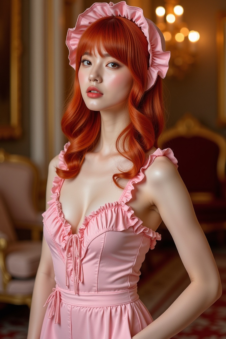 A young woman with vibrant red hair,  posing elegantly amidst opulent surroundings. strong lighting casts a warm glow on h...