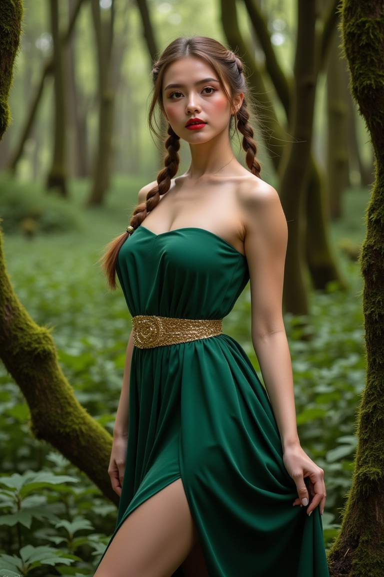 a beautiful young woman stands in a lush forest. She is dressed in a strapless green dress adorned with a gold belt. Her h...