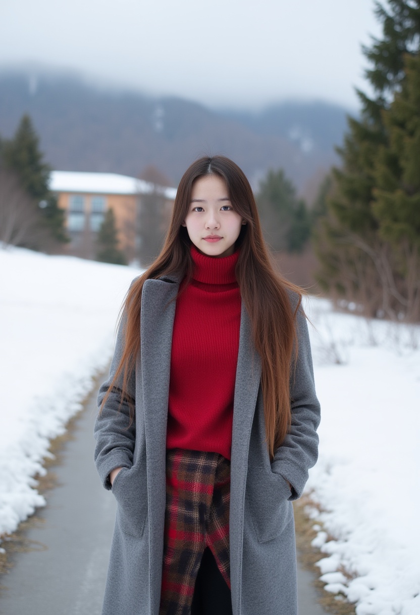 A young Asian woman with long brown hair wearing a red sweater and a gray coat,  standing on a snowy path in front of a wi...