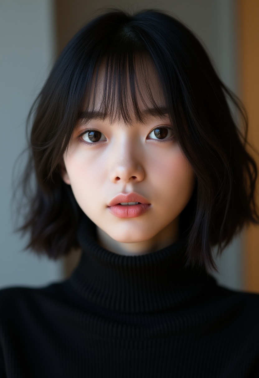 A photorealistic portrait of a 32-year-old Japanese girl with a black bob and tattoo,  exuding kindness and innocence. She...