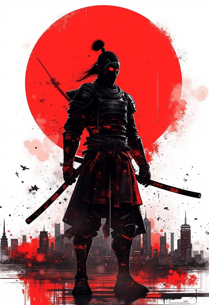 cyberpunk, anime, Cyber Punk Tradicional cyborg Samurai on a standing warrior pose with a red sun and city behind, highly detailed Mayhem style splattered Silhouette a3 print amazing street art oitsi, 8k full body full image sticker white background one colour bizarre ghetto transmission Charles Schulz style minimalist, conceptual art posing Japanese, conceptual, 3d render, illustration, cinematic, photo
epic action, Unreal Engine, cinematic award winning artwork, many details, extreme detailed, full of details,Wide range of colors., dramatic, Dynamic,Cinematic,Sharp details, Insane quality. Insane resolution. Insane details. Masterpiece. 32k resolution. casting shadow style, cucoloris patterned illumination,  japanese art