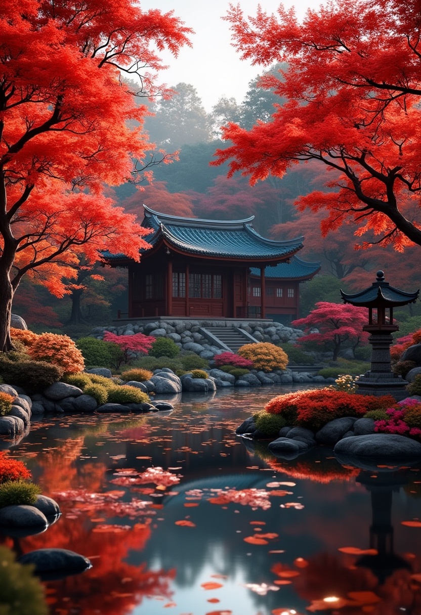 A tranquil Japanese garden during autumn, with vibrant red and orange maple leaves falling around a koi pond, stone lanterns, and a traditional tea house in the background.
epic action, Unreal Engine, cinematic award winning artwork, many details, extreme detailed, full of details,Wide range of colors., dramatic, Dynamic,Cinematic,Sharp details, Insane quality. Insane resolution. Insane details. Masterpiece. 32k resolution. casting shadow style, cucoloris patterned illumination,  japanese art