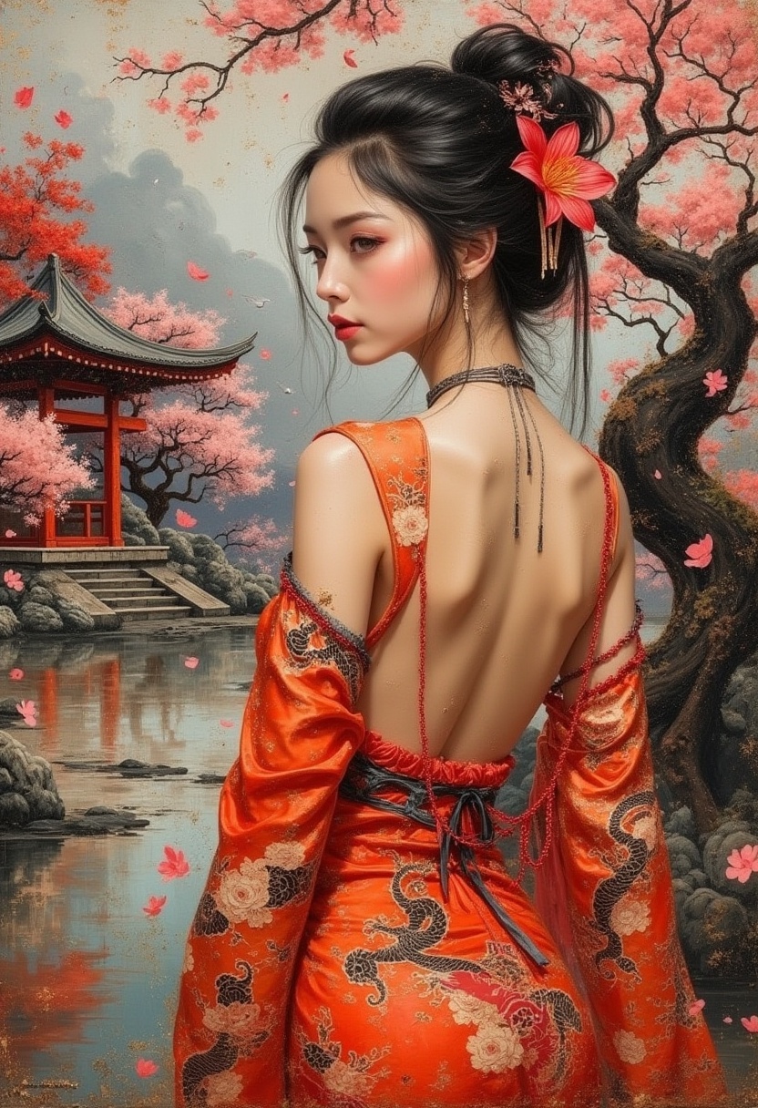 oil painting, rough, textural, broad brush strokes, of an oriental woman in a loose sleeveless, backless silk dress with oriental dragon designs, open down the sides to below the waist, nsfw, erotic, sexy, showing ample sideboob, flower in hair, sidelocks, sakura trees and petals, shinto temple
