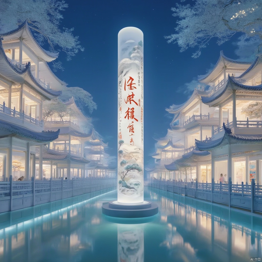 Chinese Picture Scroll
Captured at eye-level on a low-angle perspective
a tall white pillar stands in the middle of a pool of water. The pillar is adorned with Chinese characters in red and black
adding a touch of vibrant to the scene. To the right of the pillar is a row of Chinese pagodas
each with a unique design. The pool is surrounded by a blue railing
creating a striking contrast to the white pillar. The sky is a deep blue
dotted with white stars.
