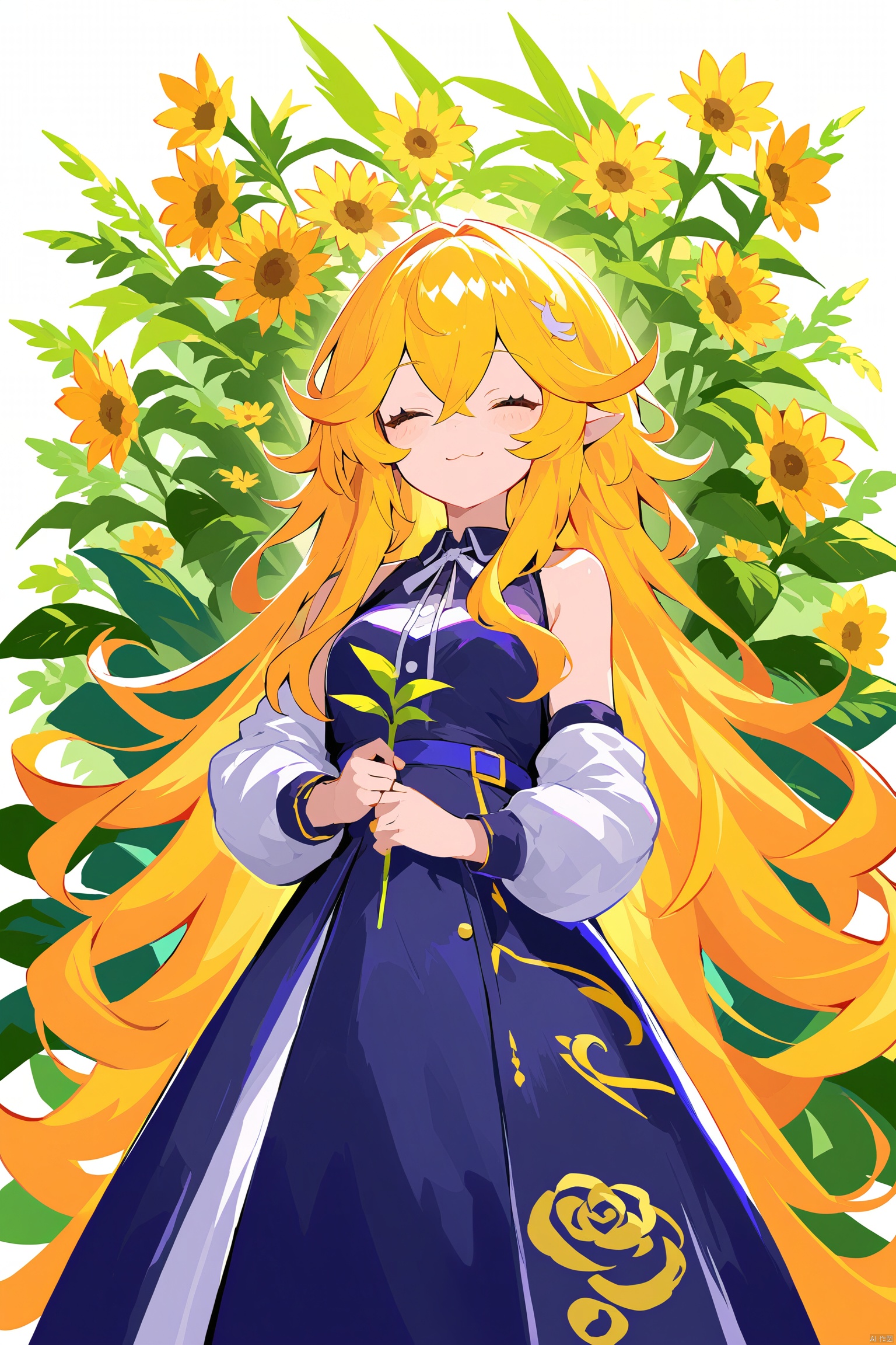 1girl, closed_eyes, dress, flower, long_hair, plant, pointy_ears, ribbon,