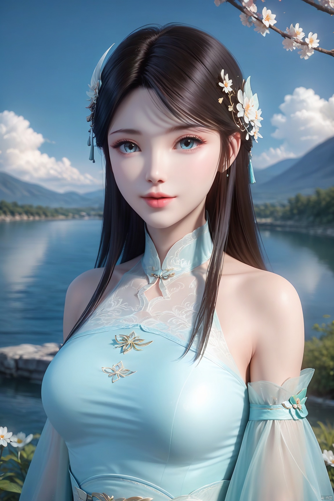 masterpiece,best quality,official art,extremely detailed CG unity 8k wallpaper,realistic,light rays,light particles,
1girl,xuner,solo,jewelry,realistic,lips,long_hair,black_hair,looking_at_viewer,
blue sky,white clouds,depth of field,blurred background,simple_background,minimalism,outdoor,open country,stream,lake,flowers fall,peach blossom,
looking at viewer,cowboy shot,xuner