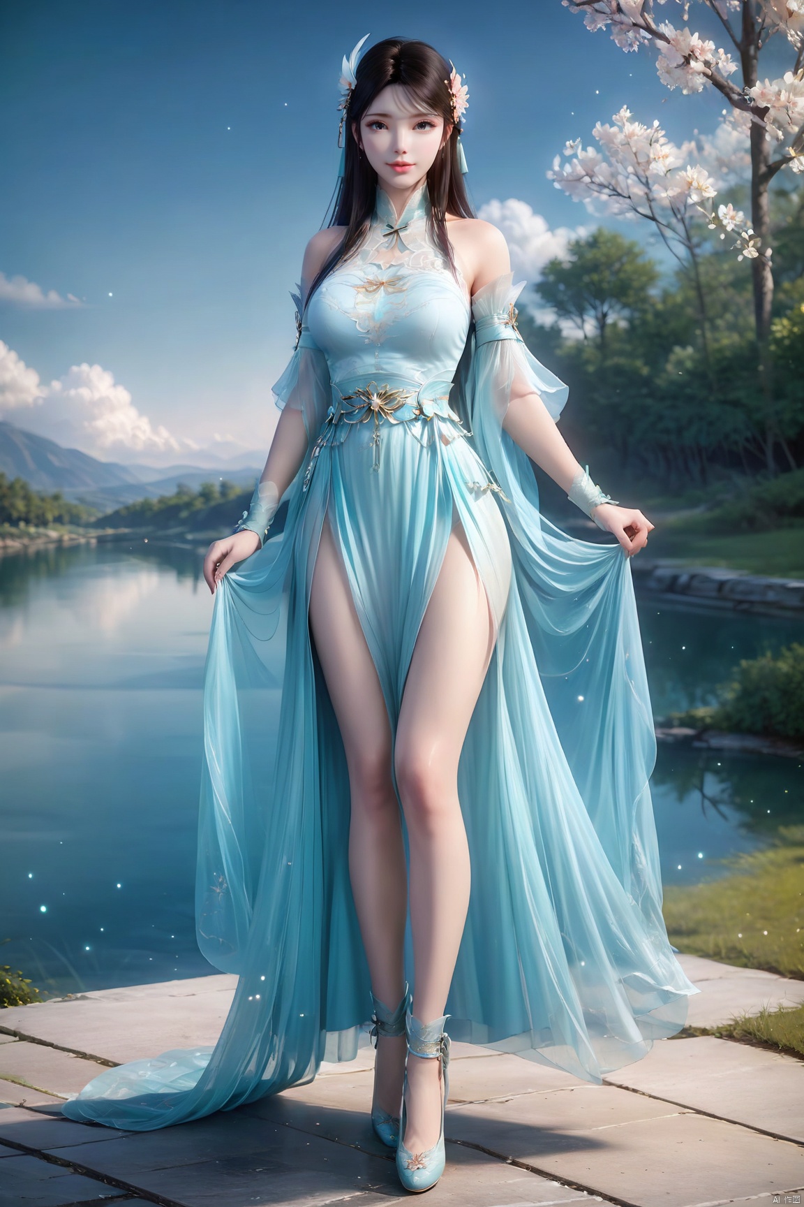 masterpiece,best quality,official art,extremely detailed CG unity 8k wallpaper,realistic,light rays,light particles,
1girl,xuner,solo,full body,jewelry,realistic,lips,long_hair,black_hair,looking_at_viewer,
blue sky,white clouds,depth of field,blurred background,simple_background,minimalism,outdoor,open country,stream,lake,flowers fall,peach blossom,
looking at viewer,cowboy shot,xuner