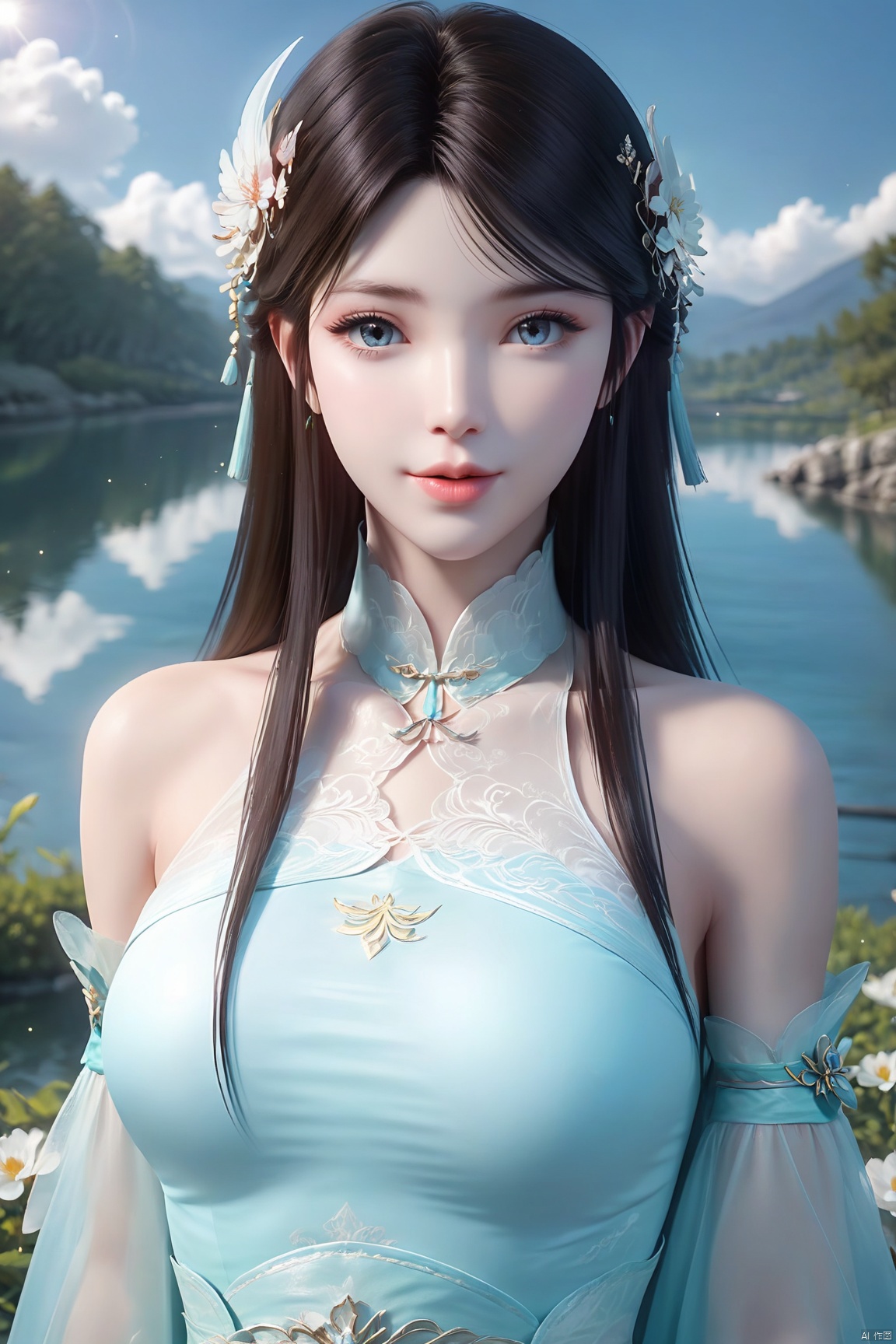 masterpiece,best quality,official art,extremely detailed CG unity 8k wallpaper,realistic,light rays,light particles,
1girl,xuner,solo,jewelry,realistic,lips,long_hair,black_hair,looking_at_viewer,
blue sky,white clouds,depth of field,blurred background,simple_background,minimalism,outdoor,open country,stream,lake,flowers fall,peach blossom,
looking at viewer,cowboy shot,xuner