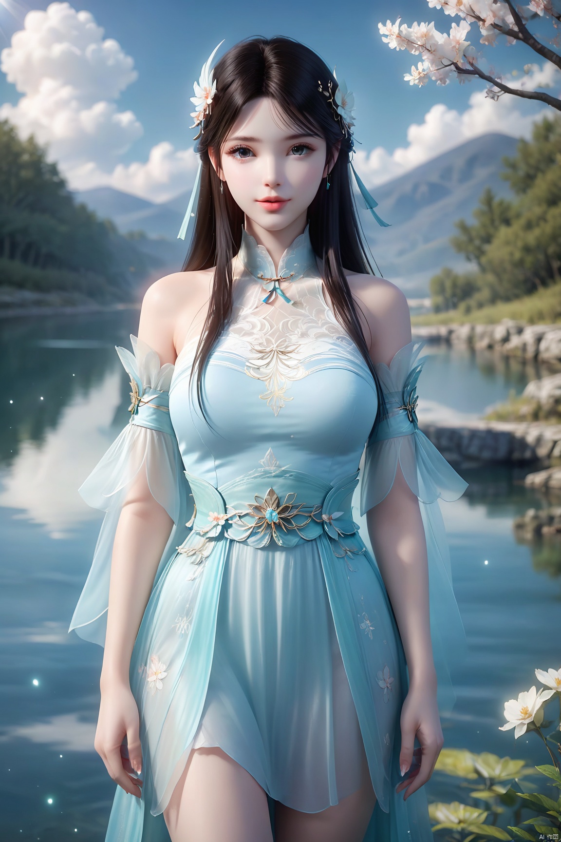 masterpiece,best quality,official art,extremely detailed CG unity 8k wallpaper,realistic,light rays,light particles,
1girl,xuner,solo,jewelry,realistic,lips,long_hair,black_hair,looking_at_viewer,
blue sky,white clouds,depth of field,blurred background,simple_background,minimalism,outdoor,open country,stream,lake,flowers fall,peach blossom,
looking at viewer,cowboy shot,xuner