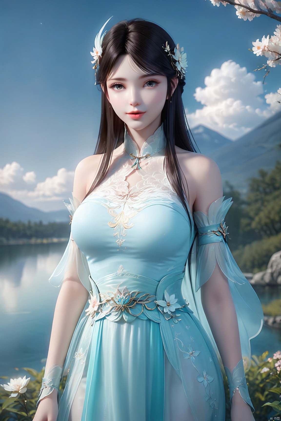 masterpiece,best quality,official art,extremely detailed CG unity 8k wallpaper,realistic,light rays,light particles,
1girl,xuner,solo,jewelry,realistic,lips,long_hair,black_hair,looking_at_viewer,
blue sky,white clouds,depth of field,blurred background,simple_background,minimalism,outdoor,open country,stream,lake,flowers fall,peach blossom,
looking at viewer,cowboy shot,xuner
