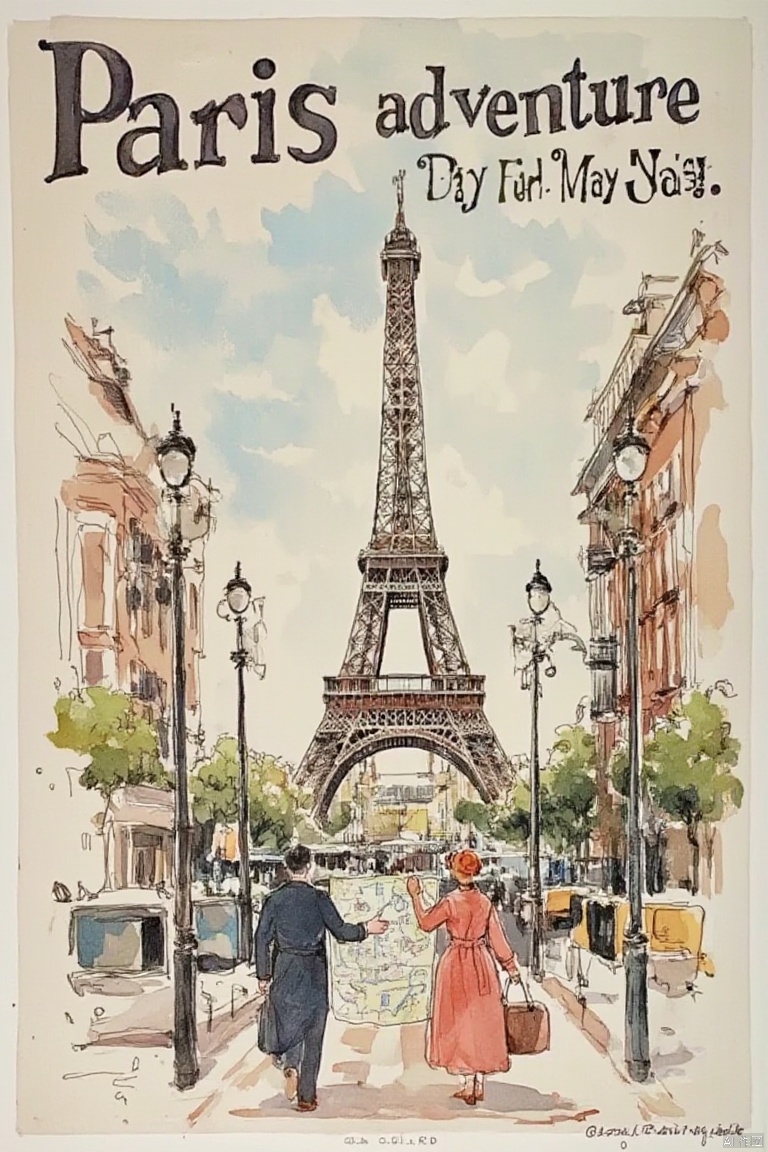 Create an image of a vintage travel poster, featuring a stylized illustration of a 1950s couple in retro attire, holding a map and standing in front of an iconic landmark like the Eiffel Tower. The scene is framed with a classic border, using warm, sepia-toned lighting to evoke nostalgia. The composition includes bold, hand-drawn typography advertising Paris Adventure in elegant cursive. The background showcases a bustling cityscape with classic cars and old-fashioned streetlights, all rendered in a soft, pastel color palette to emphasize the retro aesthetic.