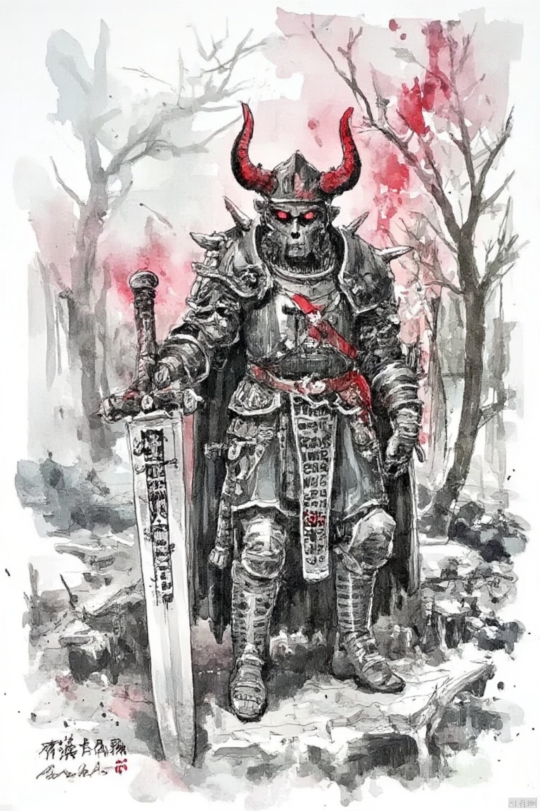 A dark fantasy style depiction of a German warrior. The warrior is clad in ornate, dark armor adorned with intricate designs and spikes. His helmet features menacing horns and his eyes glow with an eerie light. He wields a large, ancient sword with runic inscriptions. The background is a gloomy, mist-covered battlefield with the ruins of a castle and dark, twisted trees. The atmosphere is grim, with stormy skies and flashes of lightning. The overall mood is intense and foreboding. . black and white but deep red. white background