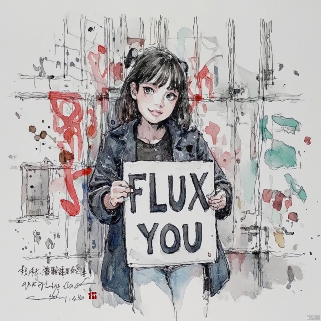 han-draw sketch and watercolor style, The image features a woman standing against a graffitied wall. She is holding a sign that reads "FLUX YOU." She appears to be in an urban setting, and her attire consists of a black top and a black jacket. The graffiti on the wall includes the word "LOVE." The overall mood of the image is moody and artistic.