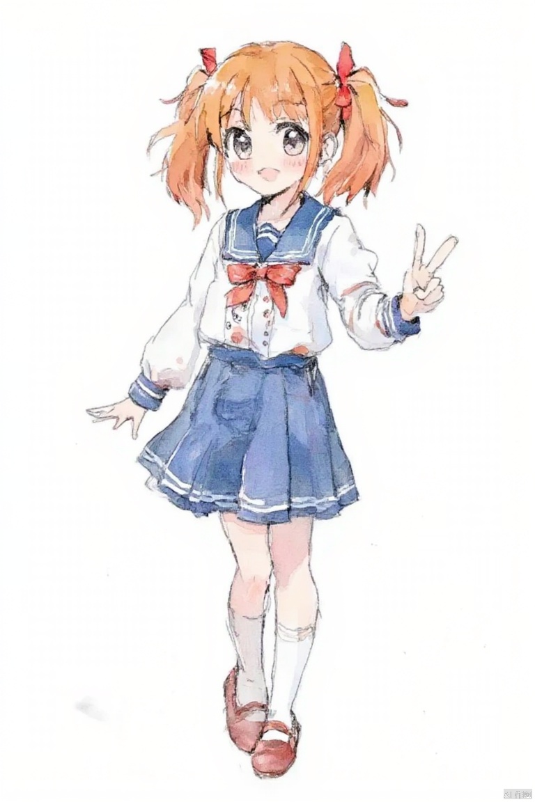 The image shows an animated character, a girl with orange hair. She's wearing a blue skirt and a white shirt with red details. The character is standing and has a peace sign on her left hand. Her hair is styled in pigtails, and she has a red bow in it. The background is a plain white color. 