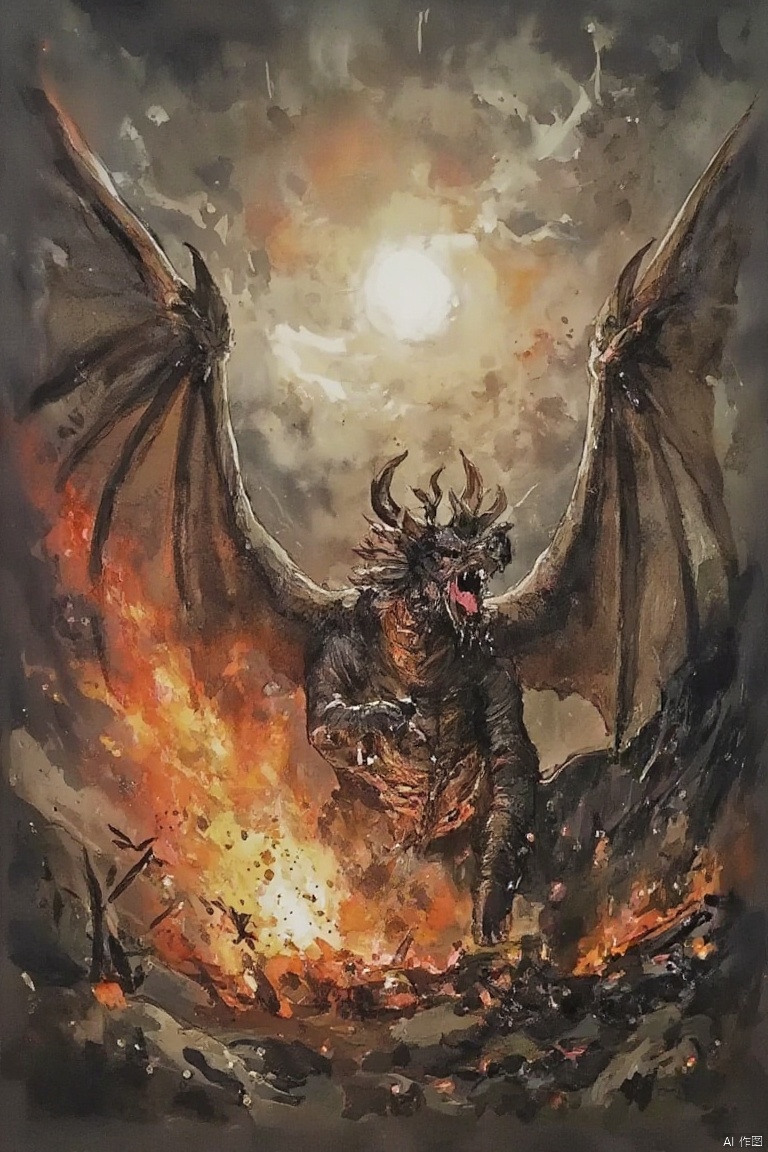  The image showcases a fantastical scene where a fierce creature, possibly a dragon, stands in the foreground. The creature is large with a menacing expression and is surrounded by a fiery explosion, suggesting a battle scene. The background is dark and filled with swirling clouds, with the sun or a bright light visible in the distance, casting a warm glow that contrasts with the fiery explosion. The overall atmosphere of the image is dramatic and intense. 
