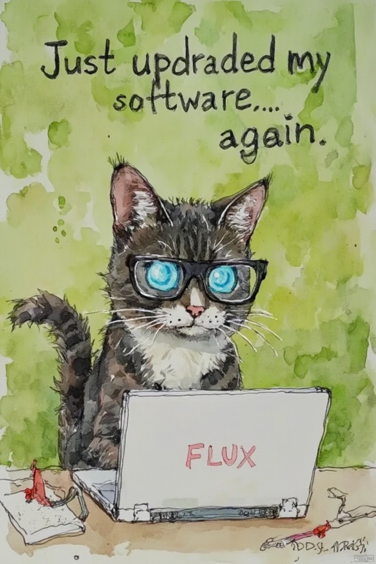  The image is a creative and whimsical graphic featuring a cat with human-like features, such as glasses and a contemplative expression. The cat is sitting at a desk and is positioned in front of a laptop labeled "FLUX" with the text "Just upgraded my software... again." above it. The cat's eyes appear to be glowing with a blue light, giving it a futuristic or magical look. The background is a warm, inviting green with a few items scattered around, including a notebook and a pair of scissors, which adds to the playful and humorous atmosphere of the image. The overall composition of the image is quite charming and amusing. 