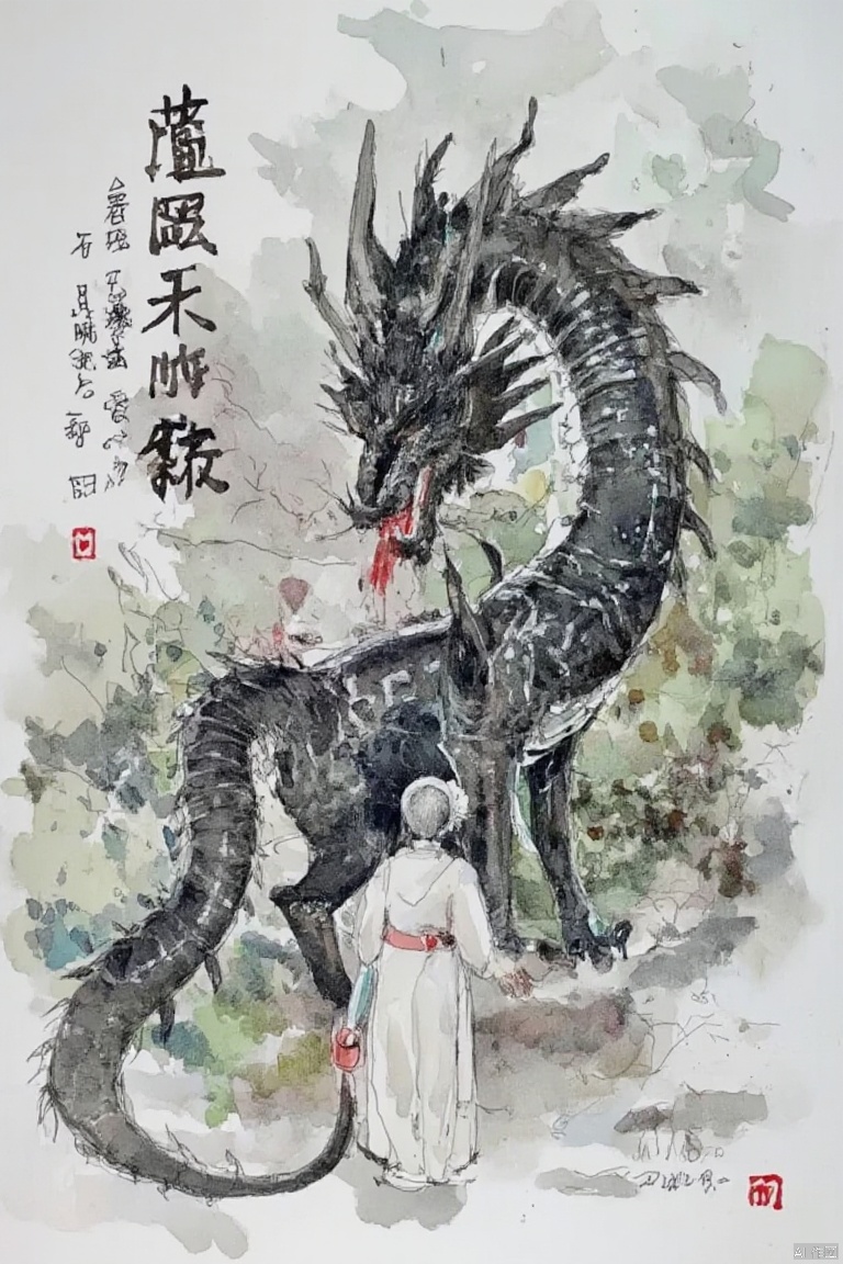  The image portrays a dramatic scene featuring a black dragon and a person. The dragon, which is the central figure, is large and has a long, winding tail. It appears fierce and is spewing blood from its mouth. The person, who seems to be the subject of the dragon's attention, stands with their back to the dragon. They are holding a small red object in their right hand. The background is a muted, misty landscape, adding to the overall dramatic effect of the image. The text in the image is written in an Asian script, possibly indicating a cultural or historical context to the scene. 