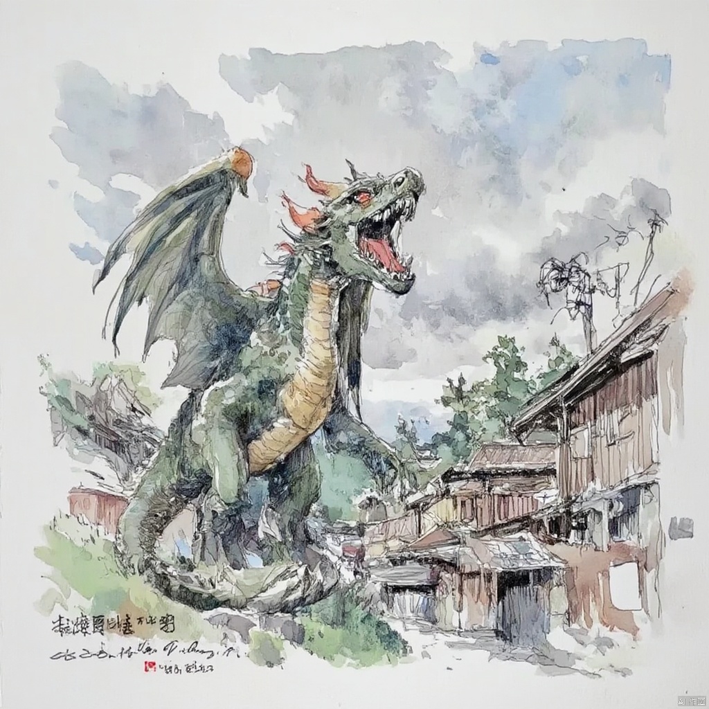  The image shows an illustration of a dragon in the foreground. The dragon is detailed, with its wings spread out, and it appears to be in a state of motion, possibly roaring or flying. In the background, there's a village with wooden houses and rooftops. The sky above the village has a dramatic effect, resembling a stormy or chaotic scene, which complements the presence of the dragon. The overall style of the image is a blend of realism with a touch of fantasy. 
