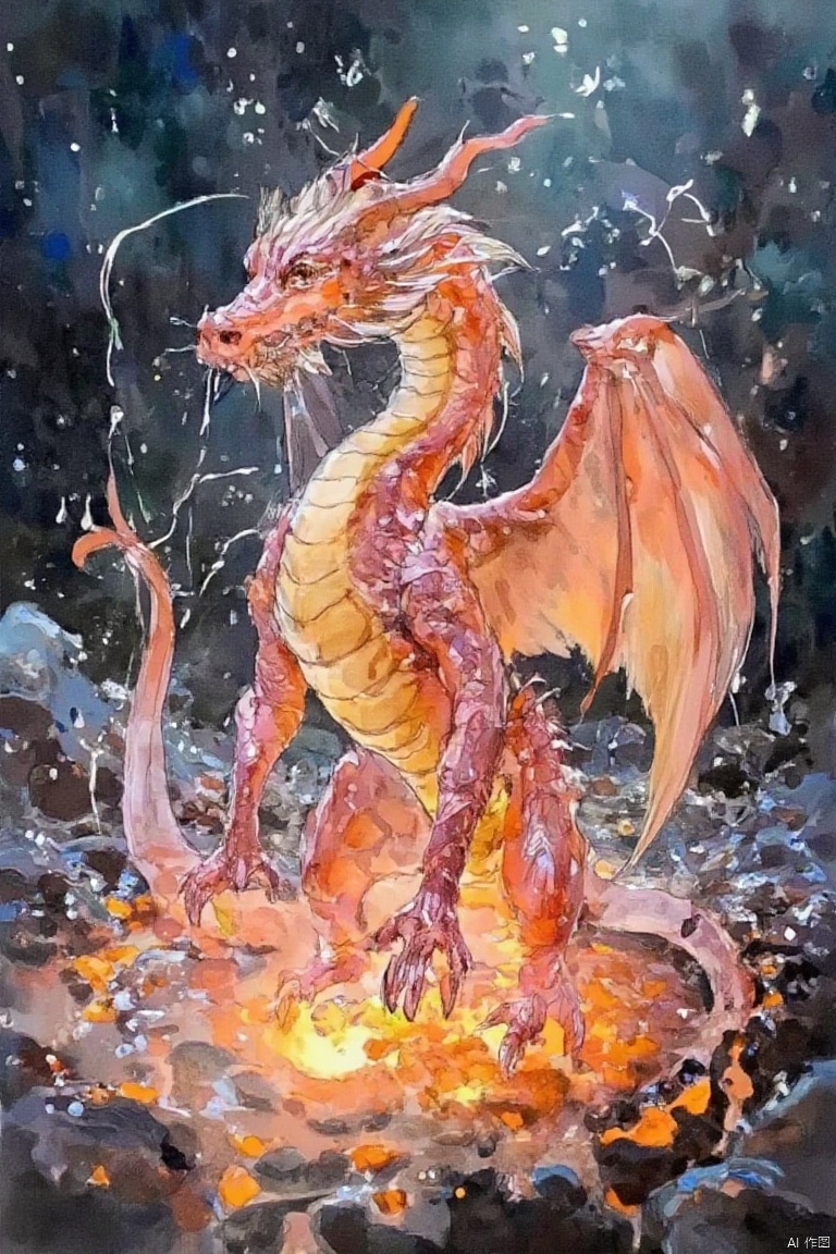  The image shows a fantastical scene featuring a large, majestic dragon-like creature composed entirely of flowing, crystalline water droplets. The creature is predominantly orange and pink, with a fiery appearance, and it stands atop a bubbling, molten pool of the same color, suggesting it is a magma-like substance. The background is dark and speckled with blue, possibly representing a nighttime or underwater setting. The overall style of the image is digital art, showcasing a high level of detail and vibrant colors. 