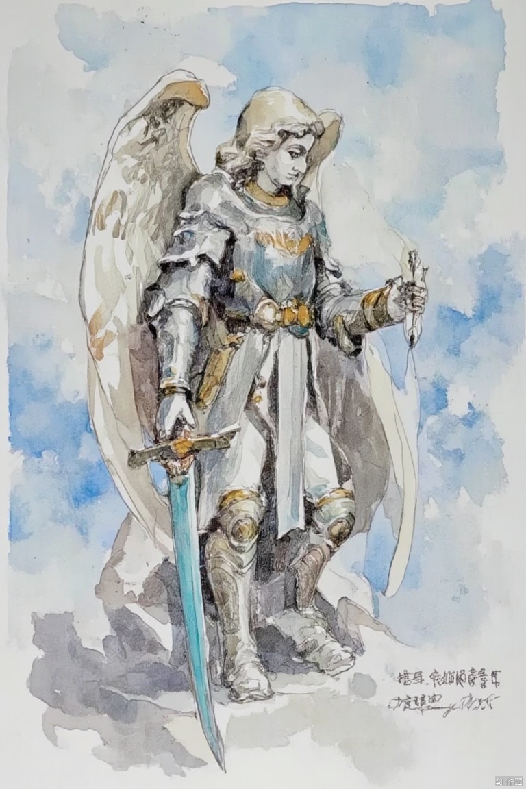  This image features a majestic angel in armor, standing against a backdrop of a blue sky. The angel has long, white hair, and her wings are spread wide, adding to her regal appearance. She is holding a sword with a blue blade, which stands out against the rest of the image. The armor she wears is detailed and intricate, with gold accents. The overall atmosphere of the image is serene and otherworldly. 