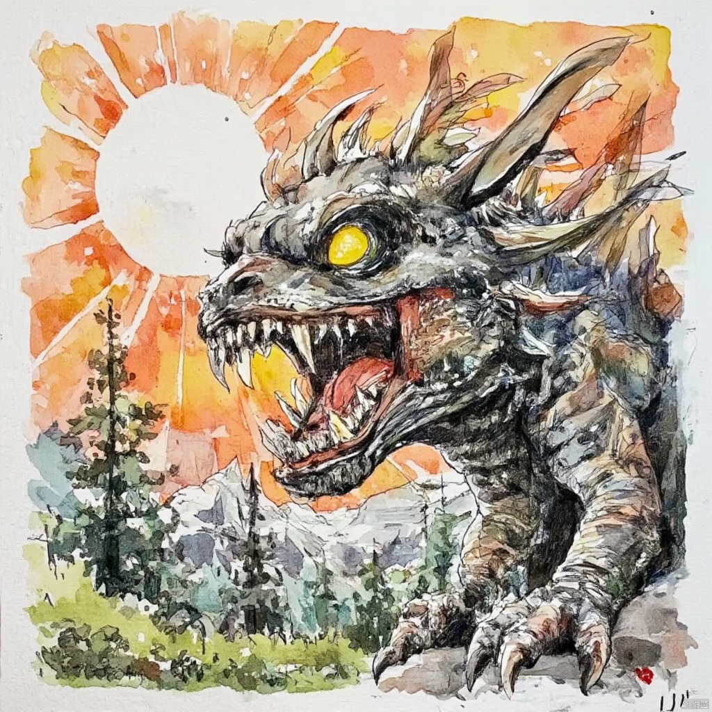 a detailed illustration of a monster's face is depicted. The monster's mouth is wide open, revealing sharp teeth and sharp teeth. Its eyes are glowing with a yellow hue, adding a pop of color to the scene. The creature's head is adorned with feathers, adding texture to the composition. The background is a mix of orange, yellow, and black, creating a vibrant contrast to the monster's body. The scene is set against a backdrop of mountains, a mountain range, and a bright sun shining through the sky.