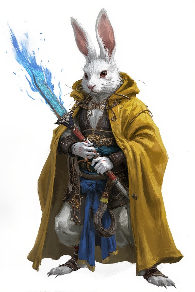 concept_art of rabbit monster wearing yellow robe,  holding blue flaming great sword,  white background on Tensor.Art