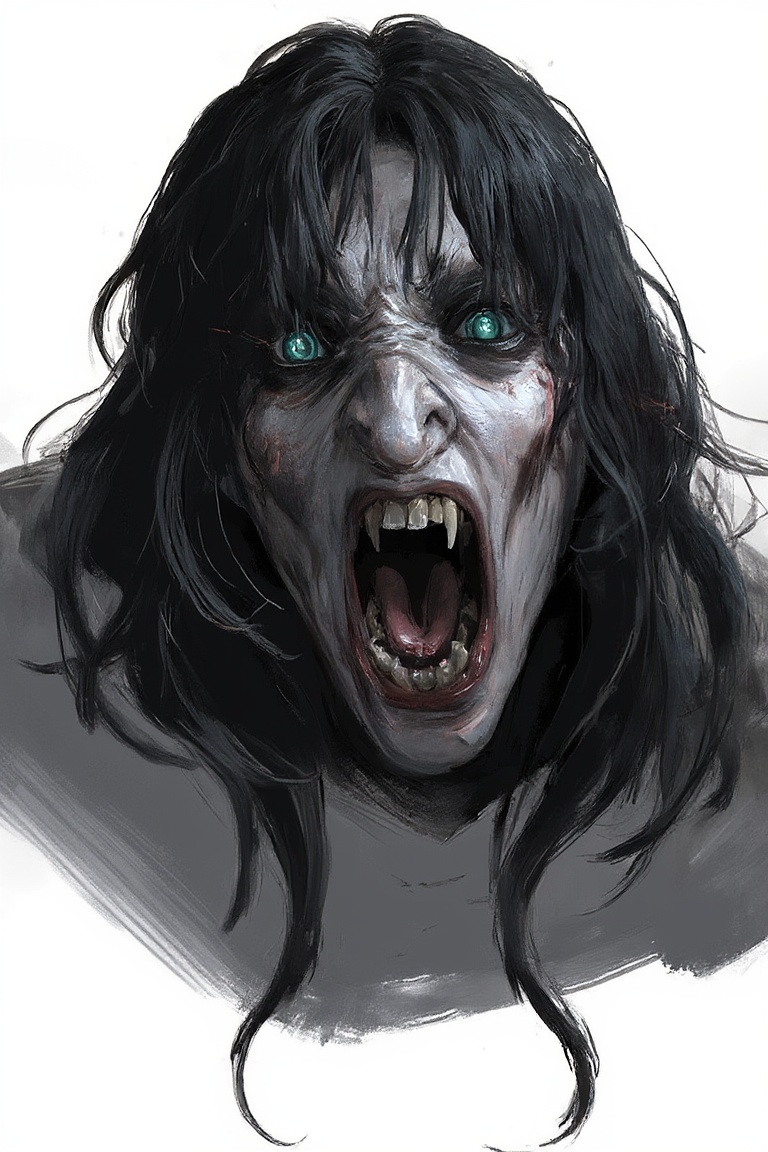 concept_art A dark-haired Japanese woman's face contorts with eerie green eyes glowing from the shadows. Her skin is death...