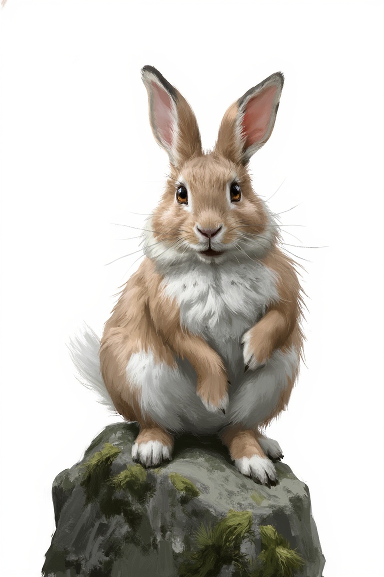 concept_art of a whimsical illustration of a fluffy rabbit,  posed playfully on a moss-covered rock,  white background on...