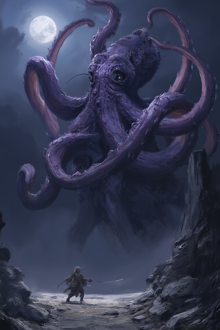 concept_art of A behemoth purple octopus creature rises from the dark depths,  its massive tentacles curling around a deso...