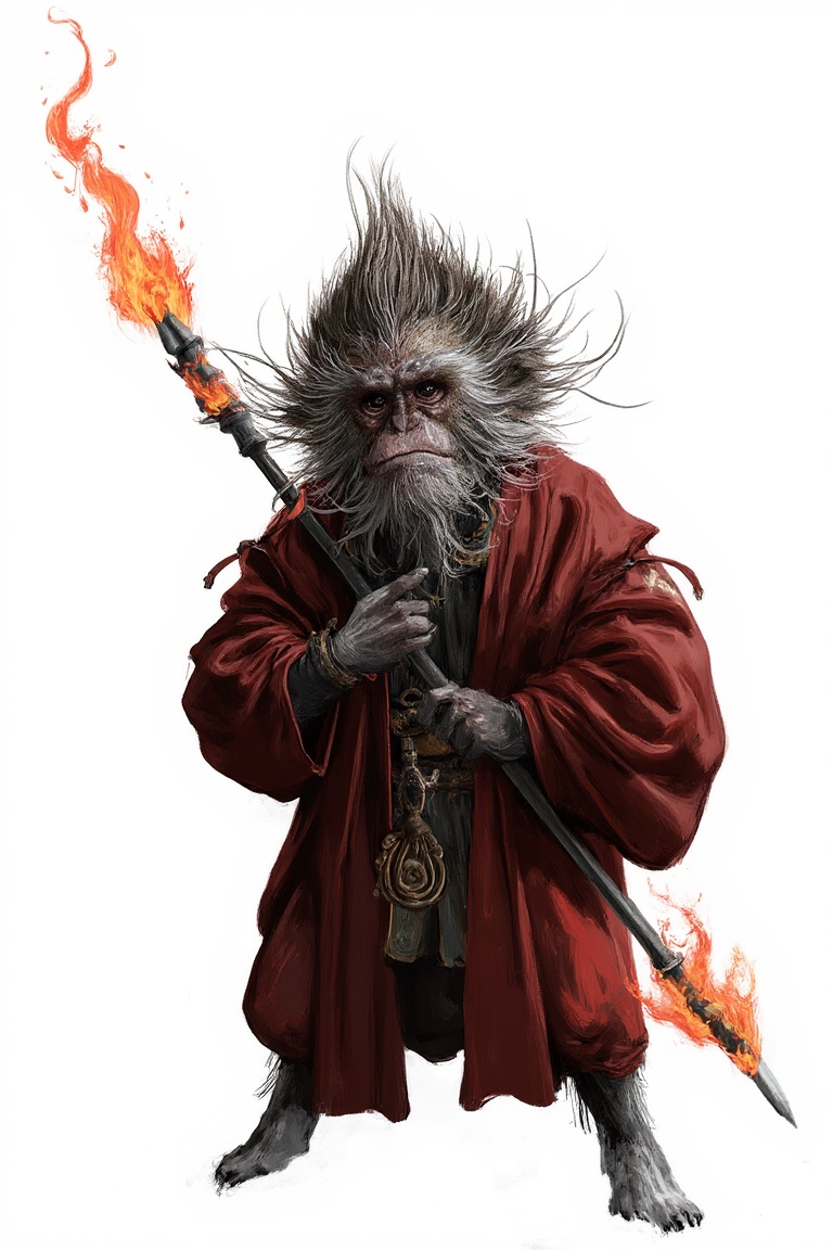 concept_art of monkey monster wearing red robe,  holding flaming spear,  white background on Tensor.Art