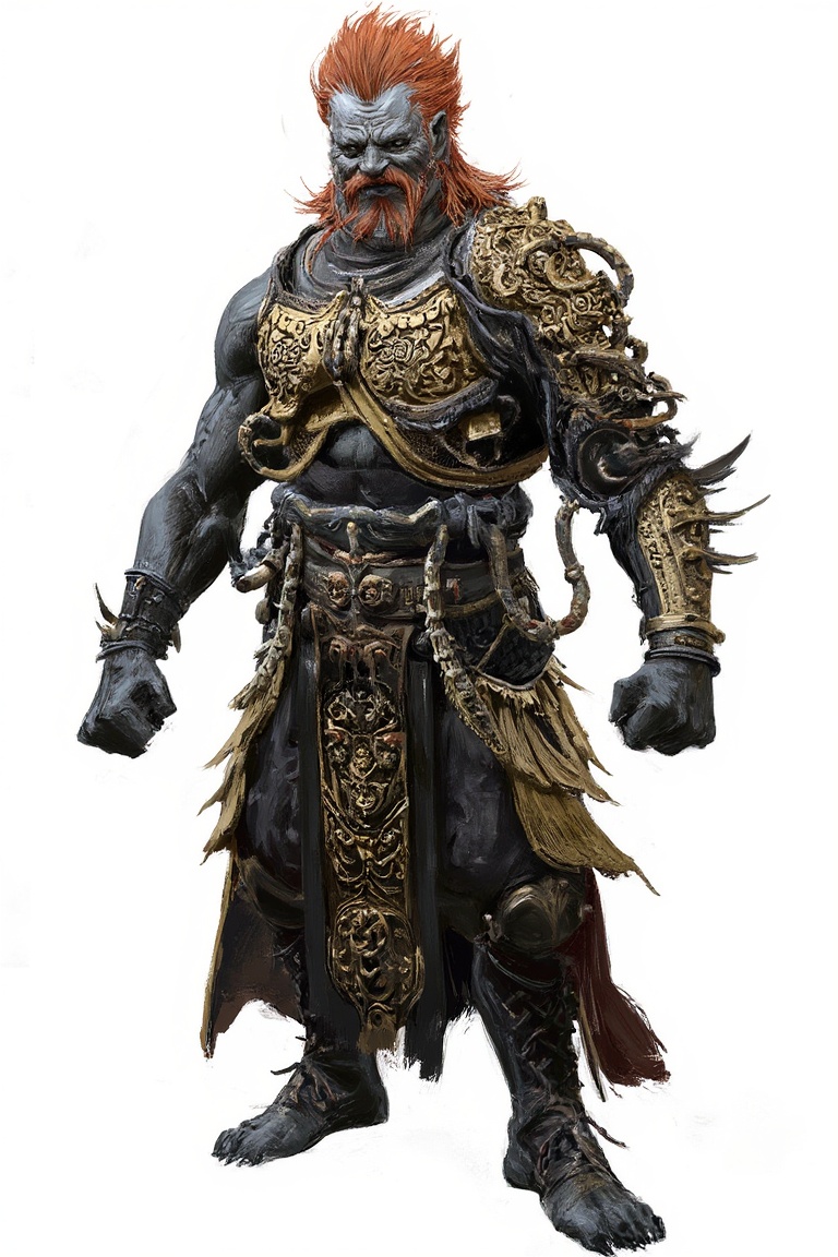 concept_art of general warrior monster ,  he has red hair standing and wearing golden intricate armor in black paint brush...