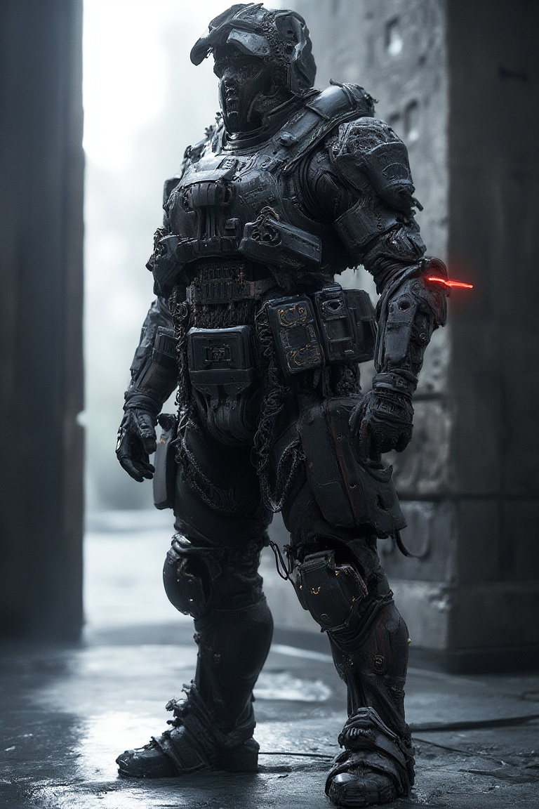 concept_art of an armored soldier standing at attention in a dimly lit,  futuristic bunker,  white background on Tensor.Art