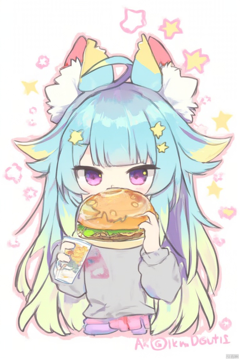 lanmewko,1girl, 

lanmewko, 

star (symbol), gradient hair, prehensile hair, burger, food in mouth, animal ears, chibi, cropped torso, +++, multicolored hair, ahoge, upper body, disposable cup, pink outline, shirt, animal ear fluff, hairclip, food, green hair, long hair, grey shirt, cup, long sleeves, hands up, holding food, blue hair, |_|, star hair ornament, holding, twitter username, holding cup, antenna hair, outline, hair ornament, solo focus, out of frame, pixelated, sparkle,

masterpiece, newest, absurdres, safe
