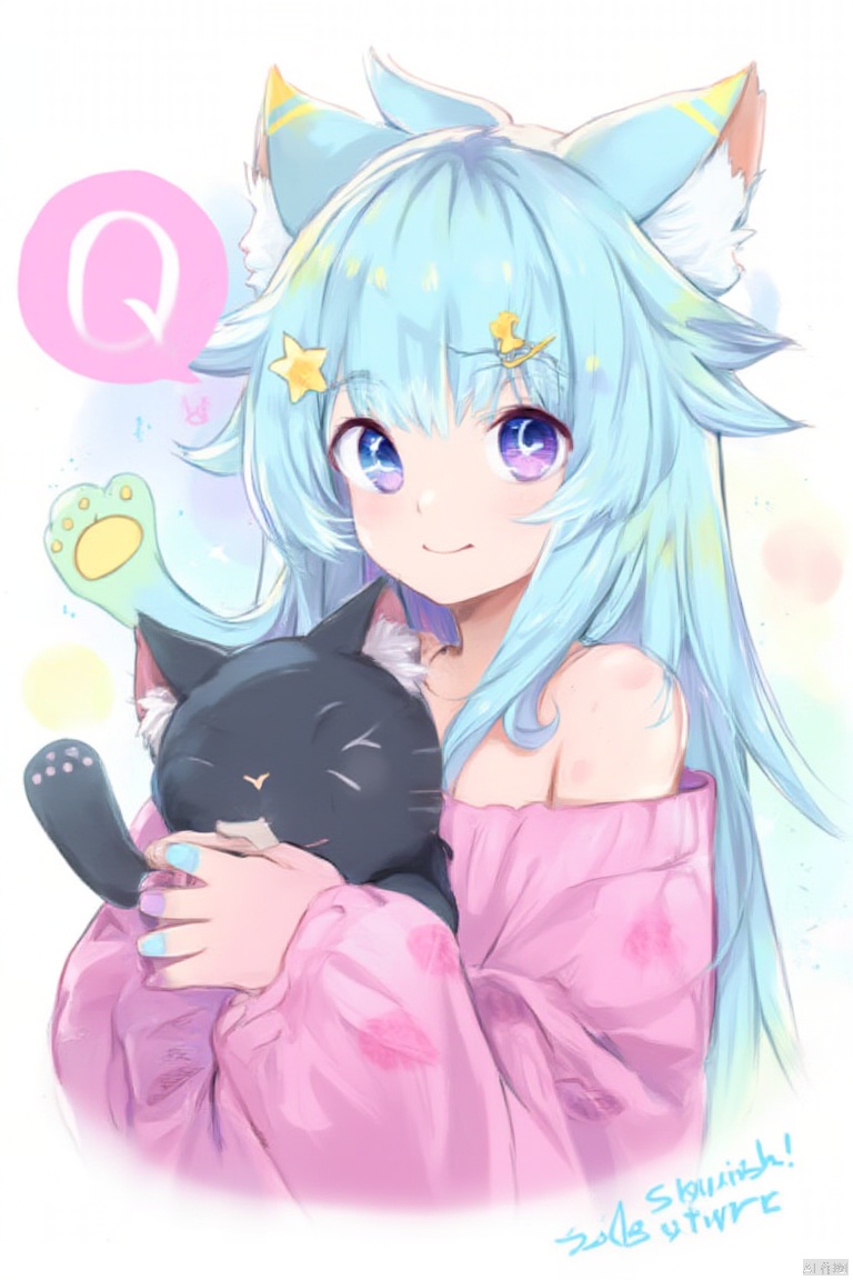 lanmewko,1girl, 

lanmewko, 

star (symbol), aqua nails, gradient nails, cat ears, prehensile hair, speech bubble, cat girl, animal ears, looking at viewer, off shoulder, blue eyes, cat, ahoge, multicolored hair, symbol in eye, aqua hair, sweater, :q, long hair, long sleeves, holding cat, blue nails, blue hair, pink sweater, purple nails, black cat, smile, tongue, star hair ornament, holding, tongue out, star in eye, holding animal, animal, purple eyes, closed mouth, artist name, hair ornament, solo, sparkle,

masterpiece, newest, absurdres, safe