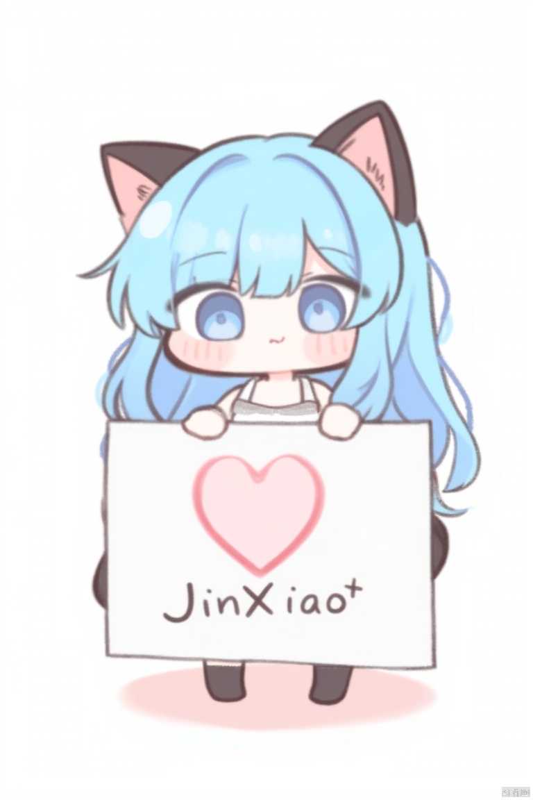 chibi, 1girl, animal ears, cat ears, blue_hair,blue_eyes,long_hair,dress,smile, Holding up a sign that says, "❤JinXiao❤" heart,black cat ears,
