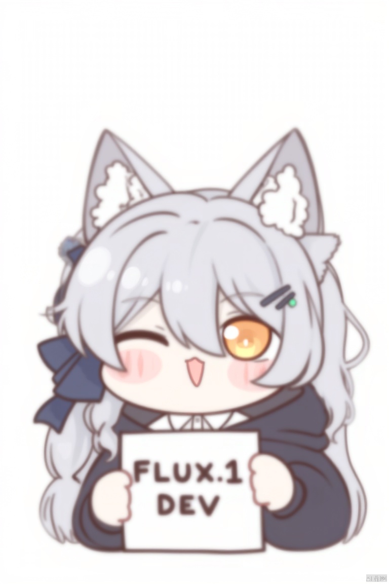 chibi,the pupil looks like a cat's claw,cat eyed pupil,nachoneko (amashiro natsuki), a single girl with sleeves extending past her wrists, faces the viewer.   she sports animal ears and closed eyes, donning a white shirt against a white backdrop.   her grey hair is adorned with a cat ear headband, and she smiles while holding a bow, exhibiting blush stickers and a hair ornament.   wearing a hood that's down, she also has a blue bow in her long hair.   clad in a black jacket over a collared shirt, the setting features a simple background.   she holds up a sign with the text "FLUX.1 DEV", her hair parted between her eyes, secured by a hairclip.   with long sleeves reaching past her fingers, her mouth is open, and the image focuses on her upper body.   a sense of playfulness is captured in her ":d" expression, emphasized by the sign she's holding, and her hooded jacket rests open, revealing a hint of blush.   whiskers accentuate her cat-like appearance, and her clothes are slightly open, adding to the casual charm.