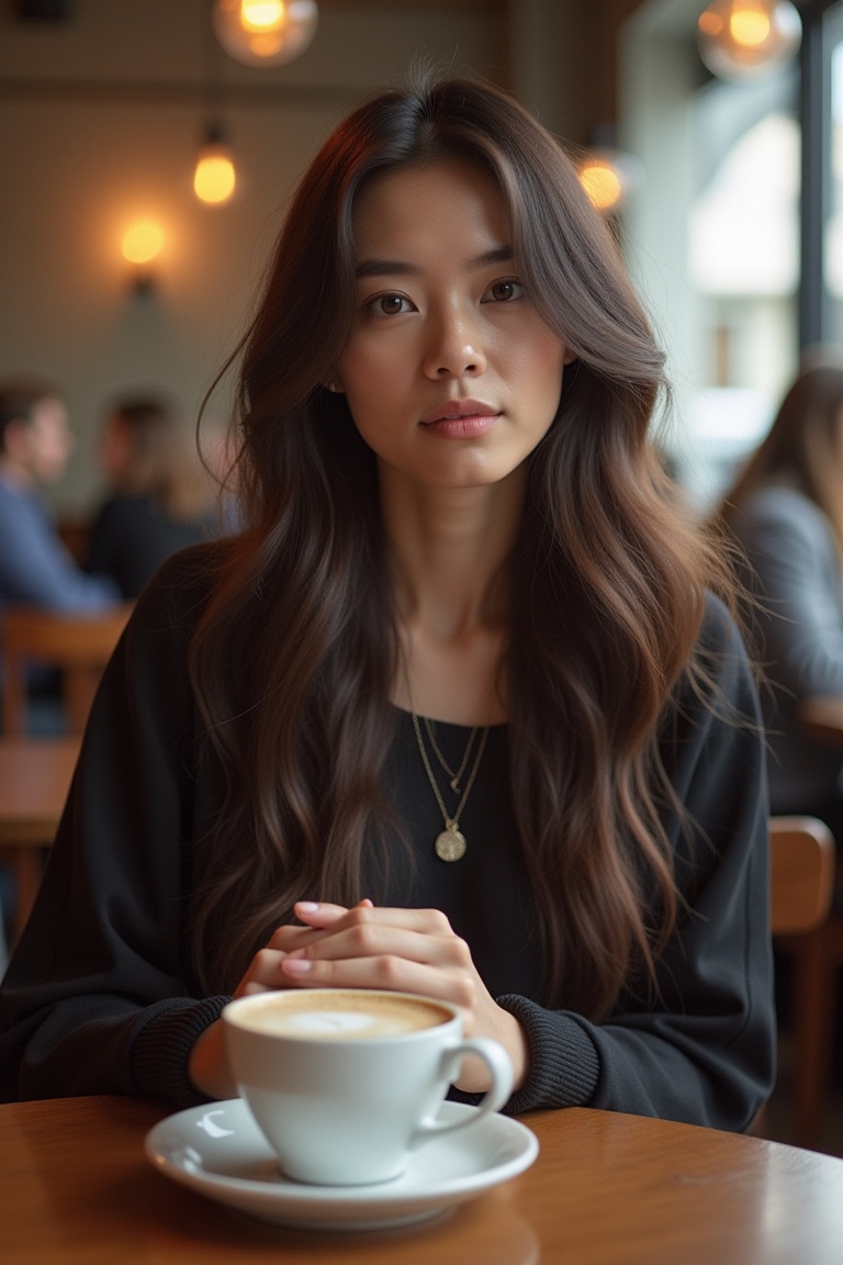 A serene long-haired woman sitting at a coffee table, indoor cozy cafe setting, soft natural lighting, composition focused on her thoughtful expression, hands gently clasped around a steaming cup, background blurred with hints of other patrons, artistic, detailed, realistic style.