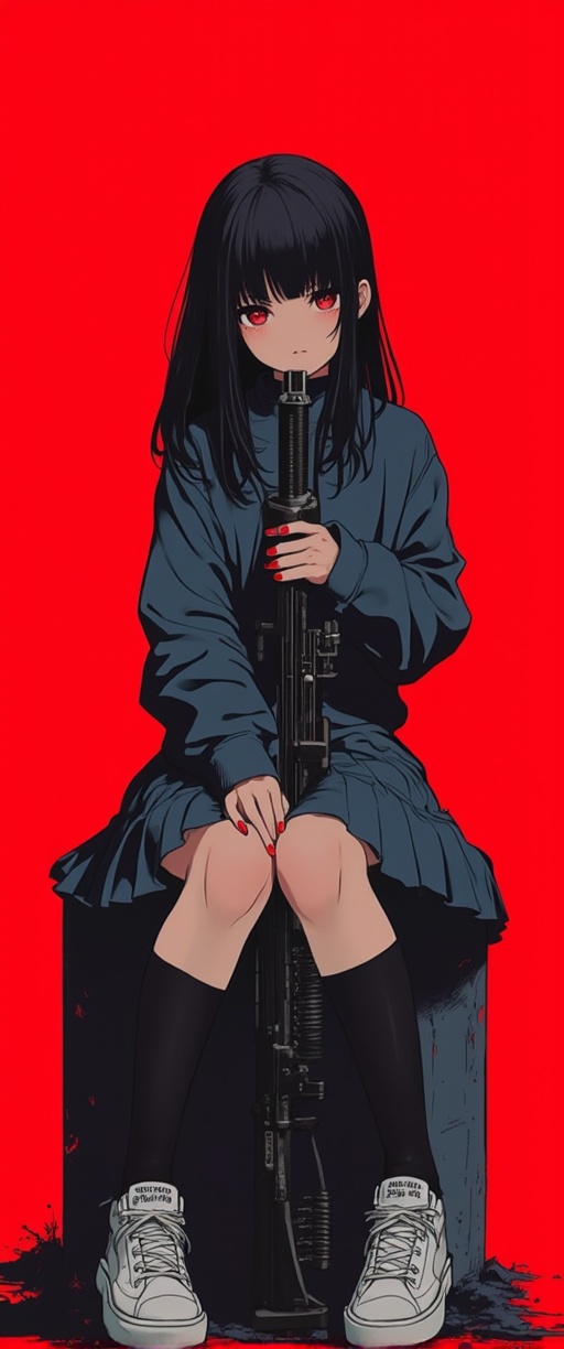 A striking image of a single girl,  her long black hair falling just above her shoulders,  with blunt bangs framing her fa...