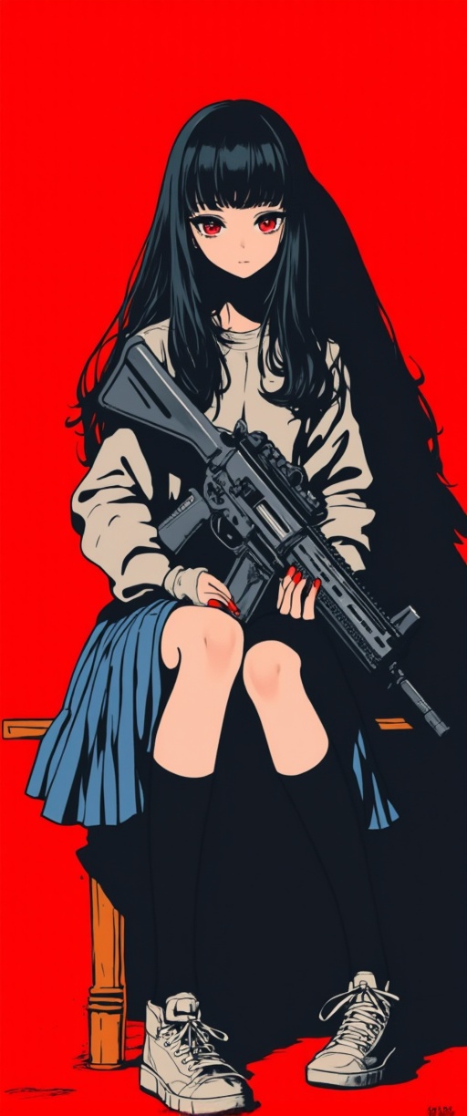 A striking image of a single girl,  her long black hair falling just above her shoulders,  with blunt bangs framing her fa...