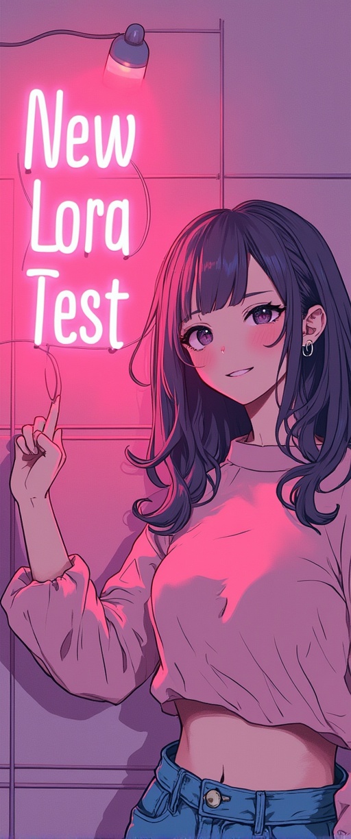 A very beautiful woman is pointing at the viewer and smiling,  pointing at a large neon sign that says "New Lora Test". Th...