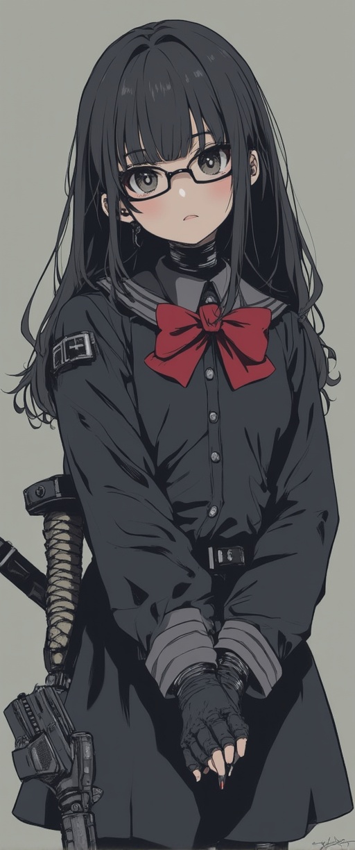 A young girl with long black hair and serafuku uniform stands solo in a blurry cowboy shot,  directly addressing the viewe...