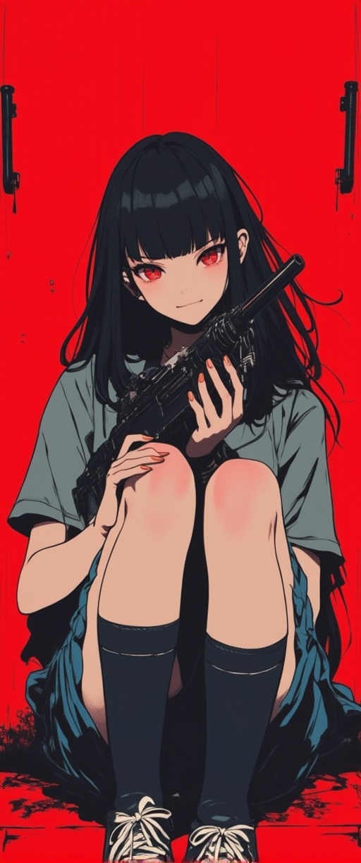 A striking image of a single girl,  her long black hair falling just above her shoulders,  with blunt bangs framing her fa...