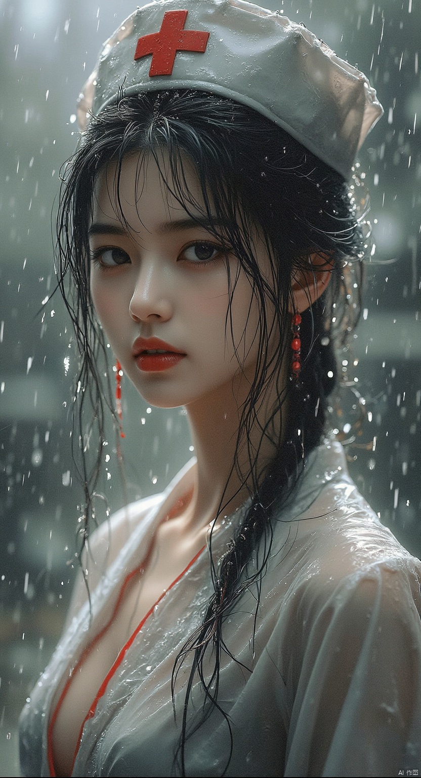 1 Beautiful nurse, nurse hat, rain, rain, face full of water, red lips, Asian, half body,