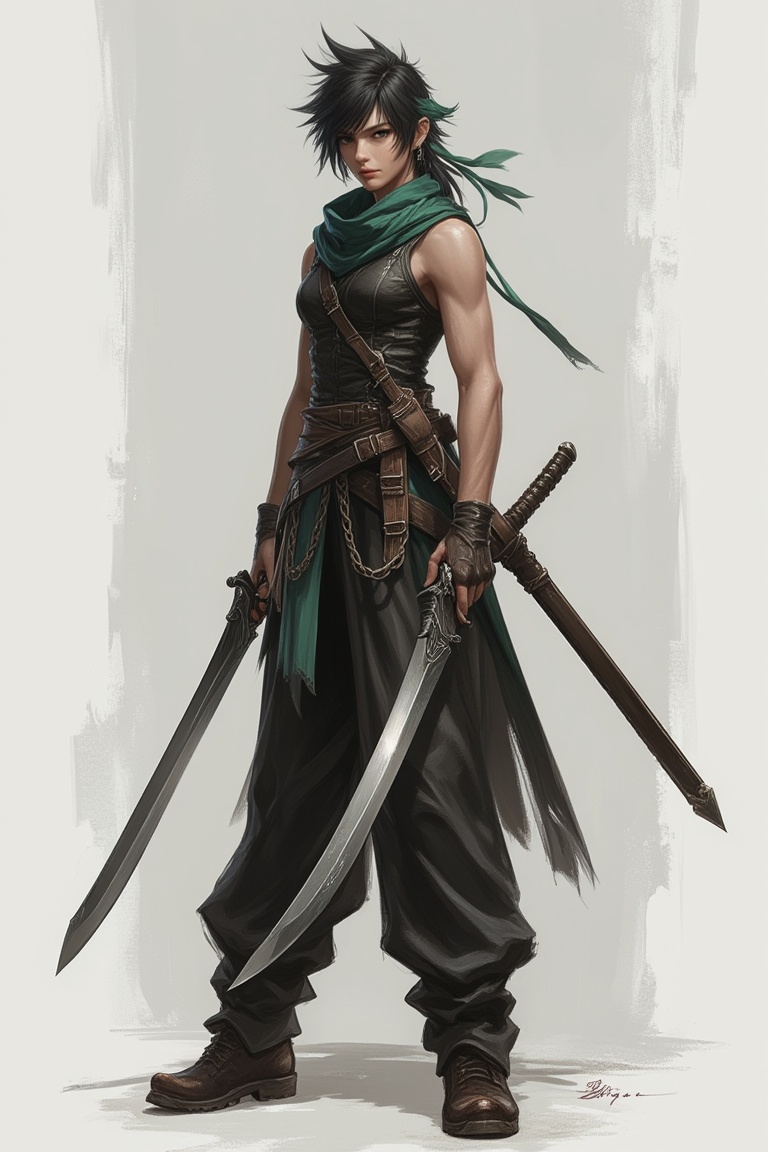 The character is a sleek,  agile ninja with spiky black hair tied with a green headband. Their face is partly covered by a...