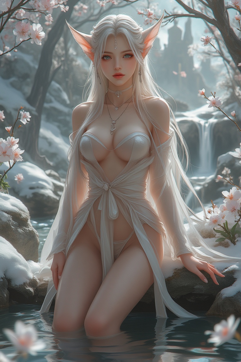 Photo-realistic image of a beautiful elf woman with fair skin,  light hair,  and striking blue-green eyes. She is wearing...