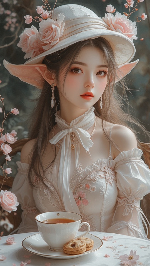 Portraiture of a ethereal female elf dressed in a sweet Lolita style with a beautiful hat and white gloves sitting behind...