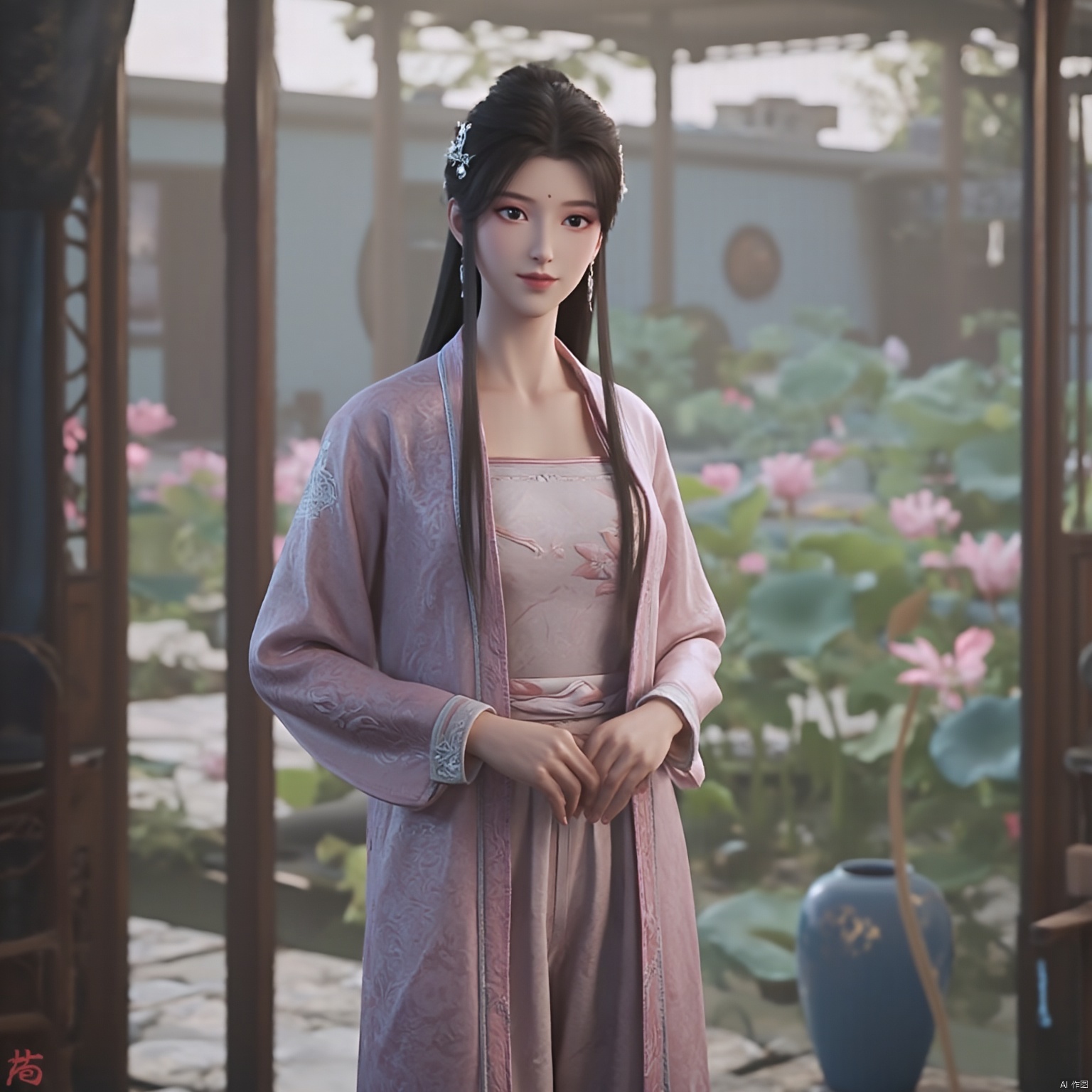 Best quality, Realistic, photorealistic, masterpiece, (huge breasts:2.29) , best shadow, huge filesize ,(huge breasts:2.39) incredibly absurdres, absurdres, looking at viewer, transparent, smog, gauze, vase, petals, room, ancient Chinese style, detailed background, wide shot background,
(((1gilr,black hair))),(Sitting on the lotus pond porch:1.39) ,(huge breasts:2.49),(A pond full of pink lotus flowers:1.3),close up of 1girl,Hairpins,hair ornament,hair wings,slim,narrow waist,(huge breasts:2.59),perfect eyes,beautiful perfect face,pleasant smile,perfect female figure,detailed skin,charming,alluring,seductive,erotic,enchanting,delicate pattern,detailed complex and rich exquisite clothing detail,delicate intricate fabrics,
Morning Serenade In the gentle morning glow, (a woman in a pink lotus-patterned Hanfu stands in an indoor courtyard:1.26),(Chinese traditional dragon and phoenix embroidered Hanfu:1.3), admiring the tranquil garden scenery. The lotus-patterned Hanfu, embellished with silver-thread embroidery, is softly illuminated by the morning light. The light mint green Hanfu imparts a sense of calm and freshness, adorned with delicate lotus patterns, with a blurred background to enhance the peaceful atmosphere,(huge breasts:2.7),Xsutaner,Xhulianxin,Xyinluoxia,Xsysh,Xyunxiao,Xningyao