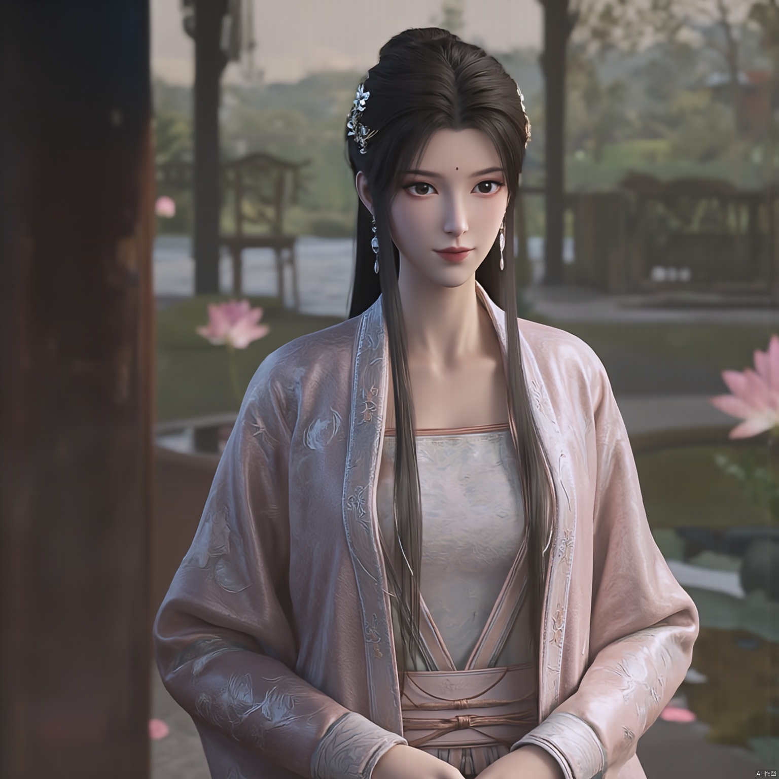 Best quality, Realistic, photorealistic, masterpiece, (huge breasts:2.29) , best shadow, huge filesize ,(huge breasts:2.39) incredibly absurdres, absurdres, looking at viewer, transparent, smog, gauze, vase, petals, room, ancient Chinese style, detailed background, wide shot background,
(((1gilr,black hair))),(Sitting on the lotus pond porch:1.39) ,(huge breasts:2.49),(A pond full of pink lotus flowers:1.3),close up of 1girl,Hairpins,hair ornament,hair wings,slim,narrow waist,(huge breasts:2.59),perfect eyes,beautiful perfect face,pleasant smile,perfect female figure,detailed skin,charming,alluring,seductive,erotic,enchanting,delicate pattern,detailed complex and rich exquisite clothing detail,delicate intricate fabrics,
Morning Serenade In the gentle morning glow, (a woman in a pink lotus-patterned Hanfu stands in an indoor courtyard:1.26),(Chinese traditional dragon and phoenix embroidered Hanfu:1.3), admiring the tranquil garden scenery. The lotus-patterned Hanfu, embellished with silver-thread embroidery, is softly illuminated by the morning light. The light mint green Hanfu imparts a sense of calm and freshness, adorned with delicate lotus patterns, with a blurred background to enhance the peaceful atmosphere,(huge breasts:2.7),Xsutaner,Xhulianxin,Xyinluoxia,Xsysh,Xyunxiao,Xningyao