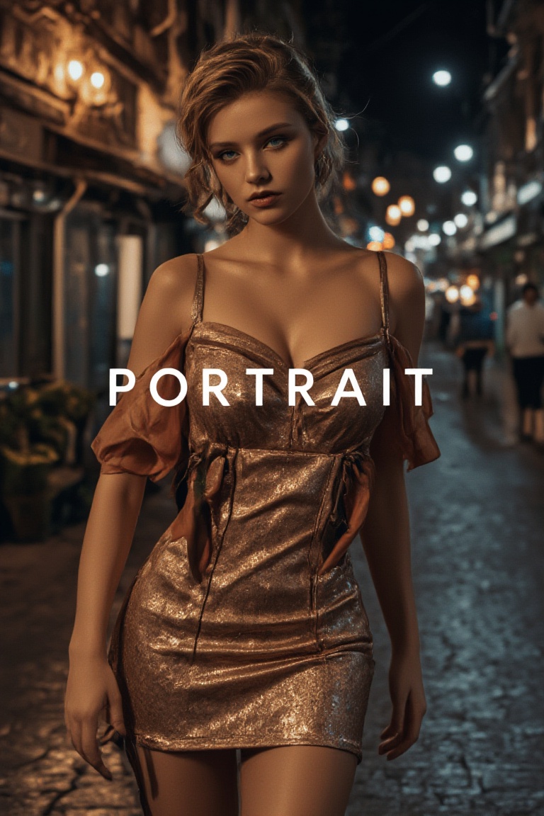 a hot sexy german girl wearing sexy dress,  walking in street,  text "Portrait" placed on top in white color on Tensor.Art
