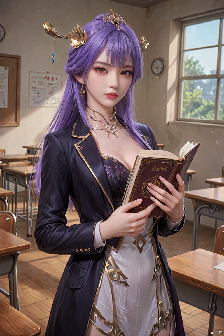score_9,score_8_up,score_7_up,TuanQiong, 1girl,  ears,solo, looking at viewer,(Black Blazer dress :1.2), bangs, brown eyes, hair ornament , purple hair,, lips,holding book , realistic,classroom,desk ,standing ,